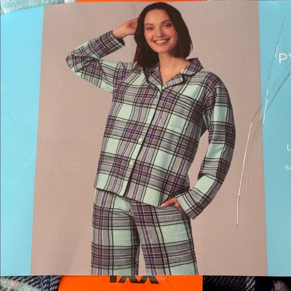 BedHead  XXL Plaid notch collar teal Flannel Pajama Set NWT 2 piece